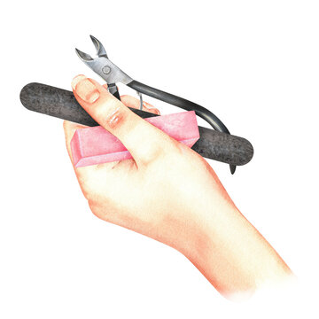 recommend clip art: Watercolor illustration. Manicure tools in hand. Nail files and cuticle nippers. Hand-drawn and isolated on white background. For the design of poster, card and to illustrate beauty magazine articles