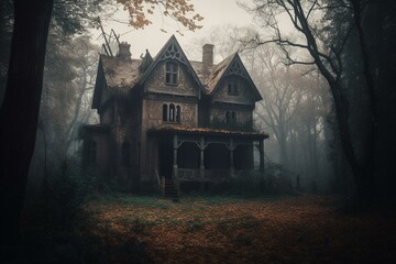Spooky forest with creepy haunted house illustration. Generative AI - obrazy, fototapety, plakaty