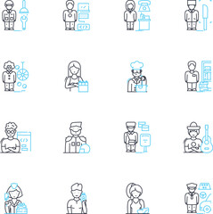 Employment options linear icons set. Career, Job, Occupation, Work, Employment, Profession, Trade line vector and concept signs. Vocation,Position,Gig outline illustrations