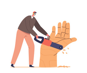 Sculptor Male Character Carves Wooden Hand Figure Using Chainsaw Tool. The Wood Is Carefully Shaped, Sanded