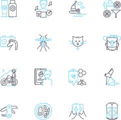 Diversions linear icons set. Entertainment, Amusement, Distraction, Fun, Games, Leisure, Recreation line vector and concept signs. Playtime,Relaxation,Hobbies outline illustrations