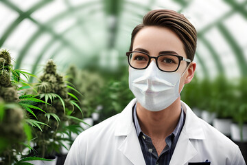 Portrait of scientist man wearing in mask, glasses and gloves checking analysing of medical marijuana cannabis flowers in a greenhouse.  Generative AI