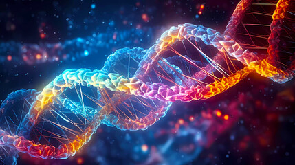 Colorful microscopic DNA strand under a microscope. Human cell biology DNA strands molecular structure.  Science medicine background