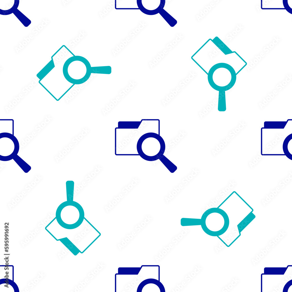 Poster blue search concept with folder icon isolated seamless pattern on white background. magnifying glass