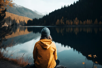 Fototapeta na wymiar person sitting next to a lake, wearing yellow jacket and hat. Generative Ai