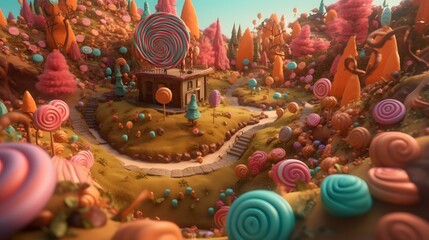 A whimsical candy land with gingerbread houses and lollipop trees