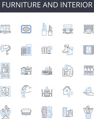 Furniture and interior line icons collection. Sofa settee, Armchair easy chair, Coffee table low table, Bookshelf bookcase, Bench seat, Ottoman footstool, Chaise lounge divan vector and linear