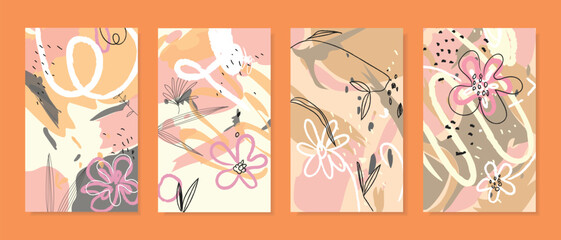 Fototapeta na wymiar Abstract tropical background with floral, plants, leaves hand drawn vector illustration set.