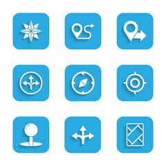 Set Compass, Road traffic sign, Gps device with map, Target sport, Push pin, Location and Wind rose icon. Vector
