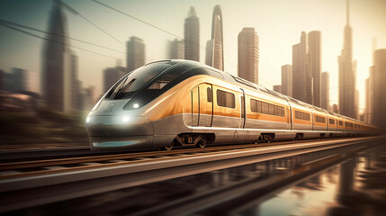 Naklejka premium High-speed train ride with blurred cityscape in the background. created with Generative AI