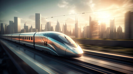 Fototapeta premium High-speed train ride with blurred cityscape in the background. created with Generative AI