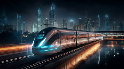 High-speed train racing through a beautiful city at night, blurred cityscape in the background. created with Generative AI