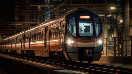 Fototapeta na wymiar Train Racing through Beautiful Night Cityscape with Blurred Background. created with Generative AI