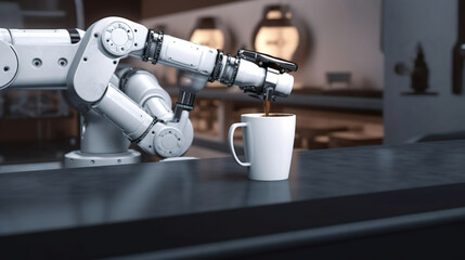 Robot arm serving hot coffee in a coffee shop. created with Generative AI