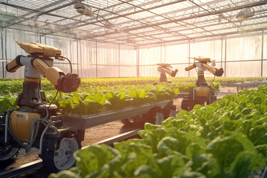 Smart Robotic Farmers Revolutionizing Agriculture. created with Generative AI