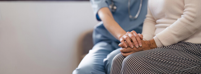 Empathy, trust and nurse holding hands with patient for help, consulting support and healthcare advice. Kindness, counseling and medical therapy in nursing home for hope, consultation and psychology - Powered by Adobe