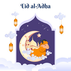 Happy Muslim family celebrates Eid Al Adha Mubarak with a goat. Flat vector template illustration