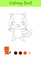 Coloring page happy red panda. Coloring book for kids. Educational activity for preschool years kids and toddlers with cute animal. Vector stock illustration
