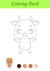 Fototapeta premium Coloring page happy bull. Coloring book for kids. Educational activity for preschool years kids and toddlers with cute animal. Vector stock illustration