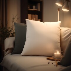 white sqaure pillow shown in a cozy living room, generated Ai