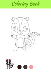 Coloring page happy skunk. Coloring book for kids. Educational activity for preschool years kids and toddlers with cute animal. Vector stock illustration