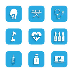 Set Heart rate, Hand sanitizer bottle, Laptop with cardiogram, Medical vial, ampoule, Syringe, Human broken bone, Stethoscope and Sore throat icon. Vector