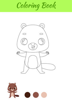 Coloring page happy beaver. Coloring book for kids. Educational activity for preschool years kids and toddlers with cute animal. Vector stock illustration