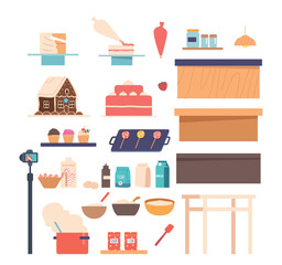Set of Pastry Cooking Tools, Items, Ingredients Isolated Icons. Cake on Plate, Cream Cone, Wooden Desk and Video Camera