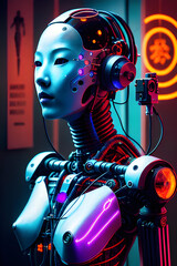 Abstract illustration of android, connection, data flow, big data, machine learning concept. Created using generative AI tools