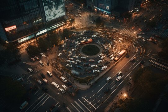 Overhead View Of Roundabout Amidst Heavy Traffic During Busy Rush Hour. Generative AI