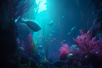 Naklejka na ściany i meble Illustration sous-marine de poissons, IA générative, Générative, IA