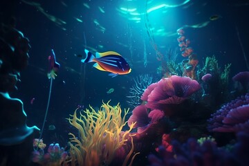 Naklejka na ściany i meble Illustration sous-marine de poissons et coraux