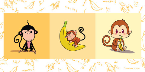 Set of funny monkey icon character vector illustration. Cute animal mascot design.