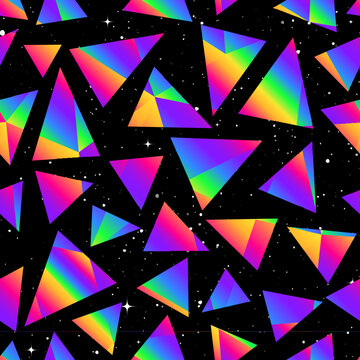 Neon triangles with star background. Seamless texture