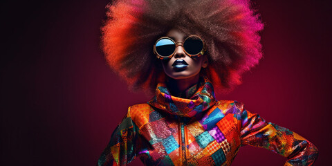 Afroamerikanische Frau in Designer Mode und poppiger bunter Haar Frisur, Gesicht Nahaufnahme im Porträt, ai generativ - obrazy, fototapety, plakaty