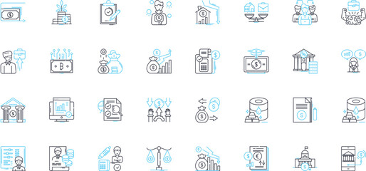 Financial management linear icons set. Budgeting, Accounting, Savings, Investment, Funding, Profits, Cashflow line vector and concept signs. Taxation,Asset,Liability outline illustrations