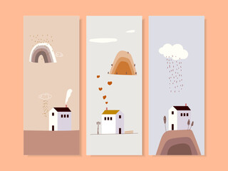 Obraz premium Flat design of house set with simple landscape icon vector illustration.