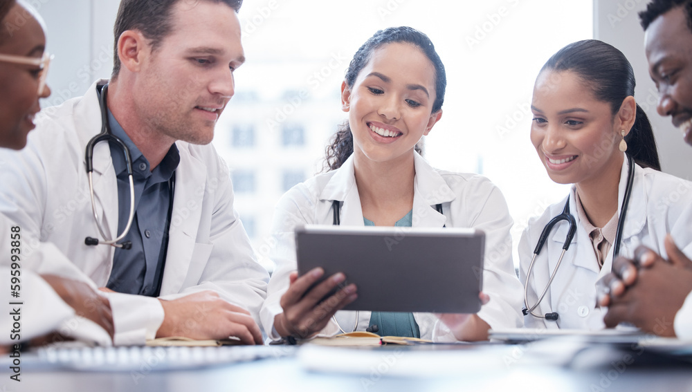 Aufkleber Do you think well be able to complete this. a group of doctors having a staff meeting while using a digital tablet.