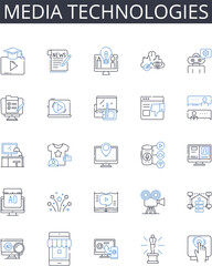 Media technologies line icons collection. Digital devices, Information systems, Communication tools, Computer programs, Technology systems, Machine intelligence, Electronic media vector and linear