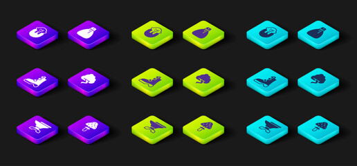 Set Anvil for blacksmithing, Mushroom, Ancient viking boots, Cloud and lightning, Old money bag and Viking head icon. Vector