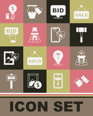 Set Auction hammer, jewelry sale, Bid, ancient vase, Hand holding auction paddle and Online icon. Vector