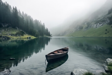 Small boat on a mountain lake. Generative AI. 