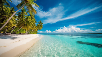 Obraz na płótnie Canvas Beach with palm trees and sky. Image Generative AI.