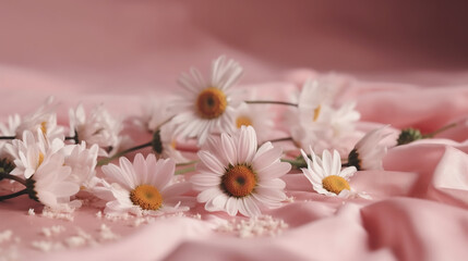 Obraz na płótnie Canvas Close up of a daisy flower on pink silk canva. Image Generative AI.