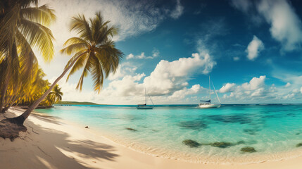 Fototapeta na wymiar Caribbean white sand beach with palm trees. Image Generative AI.