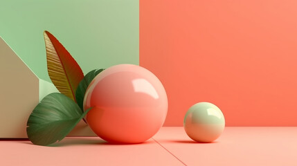 3D spheres on a green melon and peach pink color background. Image Generative AI.
