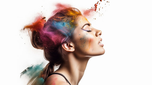 Portrait of a woman with colorful holy powders explosion on head. Image Generative AI.
