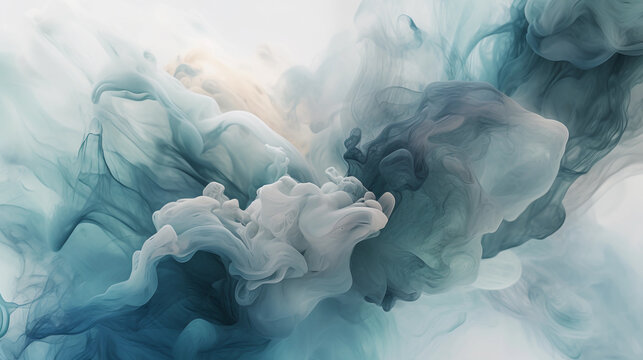 Flowing liquid and smoke with splashes. Drops of pastel blue paint in water. Trendy navy fluid banner. Modern macro abstract background illustration, ink in water effect. Generative AI