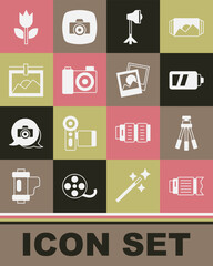 Set Camera photo lens, Tripod, Battery for camera, Studio light bulb in softbox, Photo, frame, mode macro and icon. Vector