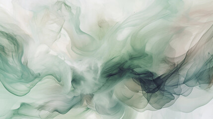 Flowing liquid sage green smoke. Drops of pastel paint in water. Trendy fluid banner. Modern macro abstract background illustration, ink in water effect. Generative AI